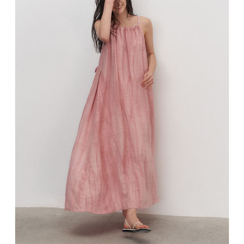 Summer New Plant Dyed Linen Strap Dress Women's Loose and Slim Large Swing Dress Pleated Sleeveless Shoulder Cut Long Dress