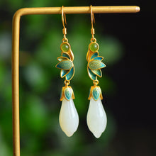 Load image into Gallery viewer, 925 Silver Plated Magnolia Flower White Jade Retro Palace Style Long Women&#39;s Earrings
