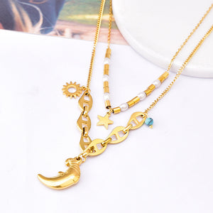 Good Night Moon Collar Chain Pearl Star Double Layer Pendant Necklace