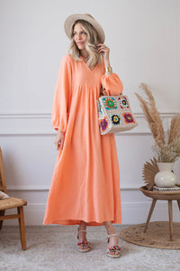 Autumn New Casual Loose Fit Dress V-Neck High Waist Double Layer Wrinkled Yarn Long Sleeve Dress