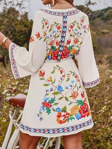 Bohemian Vintage Ethnic Style Heavy Industry Printing Temperament Slim Waist Short Holiday Dress