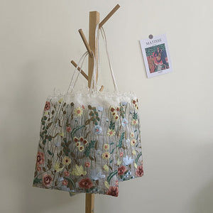 New Mesh Full Hand Embroidered Flower Shoulder Bag Handheld Lace Tote Bag Art Antique Bag
