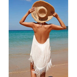Seaside Vacation Pullover, Solid Color Suspender, Beach Sun Protection Suit, Backless Tassel Bikini Cover Up Dress