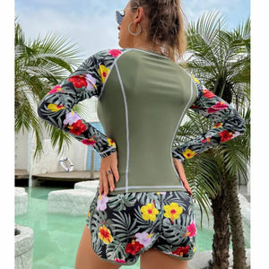 Surfing Suit Long Sleeve Anti Diving Suit Printed Flat Angle Split Conservative Swimwear for Women
