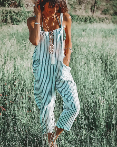 Casual Linen Cotton Shoulder Straps, Striped Printed Pants Jumpsuit