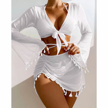 Load image into Gallery viewer, New Conservative Four Piece Set Solid Color Tassel Top, Mesh Short Skirt, Bikini for Women
