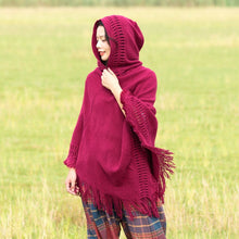 Load image into Gallery viewer, Summer Solid Color Hooded Shawl Women&#39;s Knitting Outside with Spring and Autumn Travel Tassel Pullover Hooded Cape Shawl

