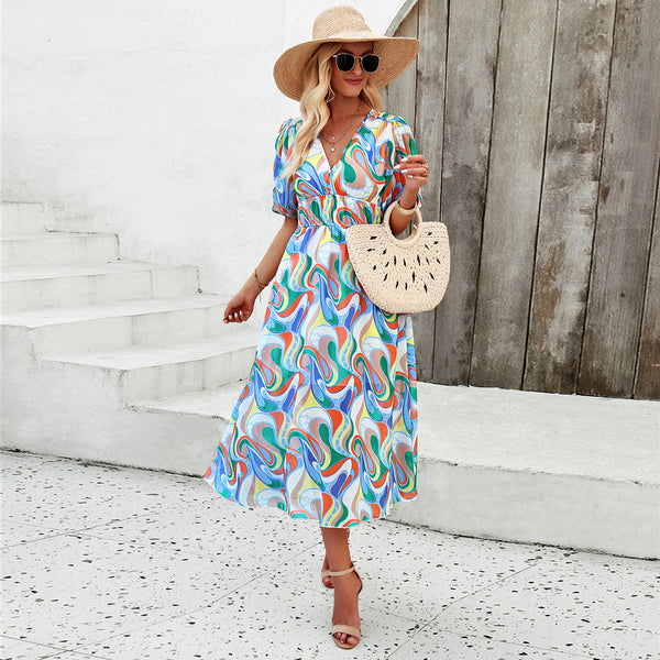 Women's Dress Spring and Summer Elegant Printed Waist V-neck Long Dress