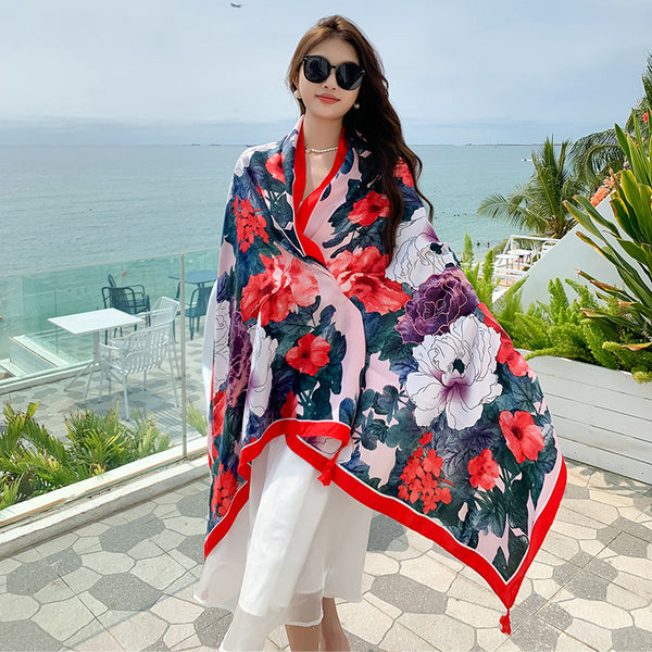 Casual Fashion Joker Personality Camellia Shawl Outdoor Travel and Play Comfortable Sunshade Cloak Shawl