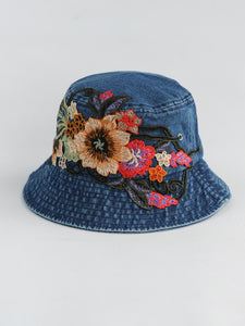 Fashion National Style Embroidered Denim Fisherman Hat Outdoor Sun Protection Travel Street Basin Hat.