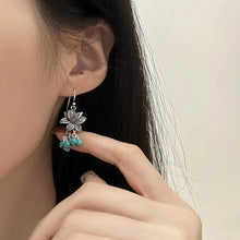 Load image into Gallery viewer, 925 Silver Retro New Tibetan Lotus Fringed Turquoise Earrings Women&#39;s Ethnic Style Old Niche Design High Sense
