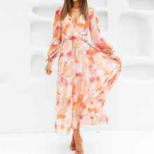 Load image into Gallery viewer, Bohemian Style New Spring and Autumn Deep V Print High Waisted Casual Long Sleeved Mid Length Dress
