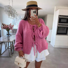 Load image into Gallery viewer, Crew Neck Lace-up Knitted Cardigan Jacket Autumn and Winter New Solid Color Commuting Simple Sweater Women
