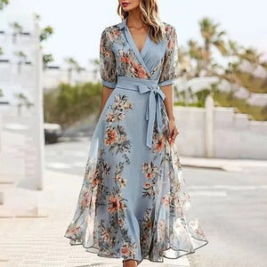 2025 Women's Clothing Short-sleeved V-neck, Digital Printing, Thin Waist, Dress