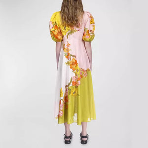 New Printing Fashion Bubble Sleeve Versatile Slim Swing Dress