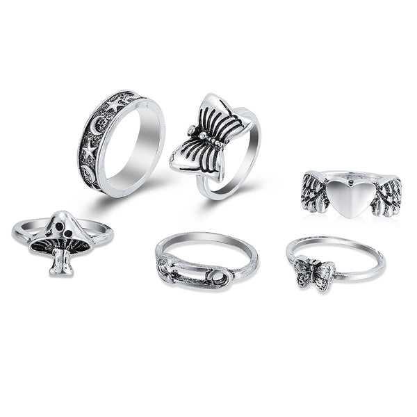 9-piece Set of Vintage Crying Face Rings, Playing Card Rings, Hollowed Out Love Rings, Daisy Rings, Alloy Chain Rings