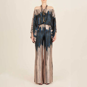 2025 Spring New Suit Printed Round Neck Loose Bat Sleeve Waist Wide Leg Pants Fashion Suit