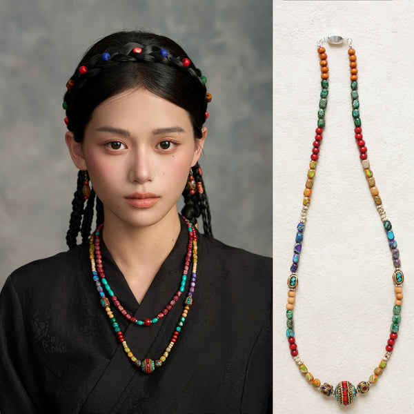 Tibetan Colored Turquoise Bodhi Bead Necklace, Lhasa Ethnic Style Jewelry, Original Design Tibetan Clothing Accessories Women