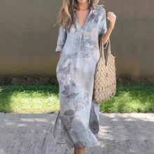 Load image into Gallery viewer, New Casual Summer Loose Skirt Slit V-neck Print Imitation Hemp Dress Cotton
