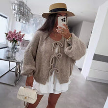 Load image into Gallery viewer, Crew Neck Lace-up Knitted Cardigan Jacket Autumn and Winter New Solid Color Commuting Simple Sweater Women
