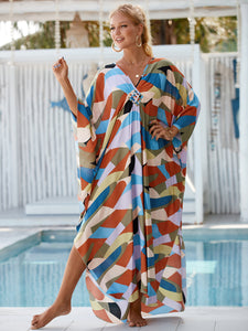 Printed Chest Knitted Beach Cover Up Loose Oversized Vacation Sun Protection Shirt Bikini Cover Up