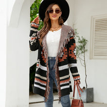 Load image into Gallery viewer, Autumn and Winter Loose Hooded Long Sweater Coat Tassel Geometric Jacquard Sweater Cardigan
