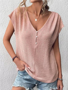 New waffle casual solid button panels women's short-sleeved T-shirt