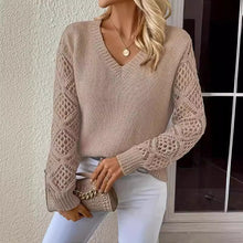 Load image into Gallery viewer, Spring and Autumn Knitted Sweater, Women's Clothing Temperament V-neck Hollow Long-sleeved Solid Color Casual Top
