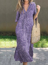 Load image into Gallery viewer, New Casual Summer Loose Skirt Slit V-neck Print Imitation Hemp Dress Cotton
