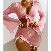 Load image into Gallery viewer, New Conservative Four Piece Set Solid Color Tassel Top, Mesh Short Skirt, Bikini for Women

