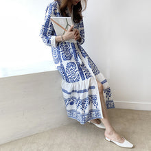 Load image into Gallery viewer, Bohemian Blue and white porcelain Printed Women&#39;s Shirt Long National Style Dress
