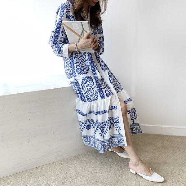 Bohemian Blue and white porcelain Printed Women's Shirt Long National Style Dress