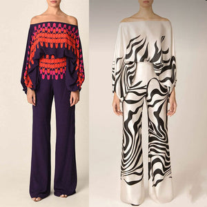 2025 Spring New Suit Printed Round Neck Loose Bat Sleeve Waist Wide Leg Pants Fashion Suit