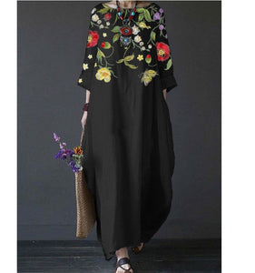 Summer Feminine Style Long Dress Round Neck Vintage Sweet Print Art Dress 3/4 Sleeve