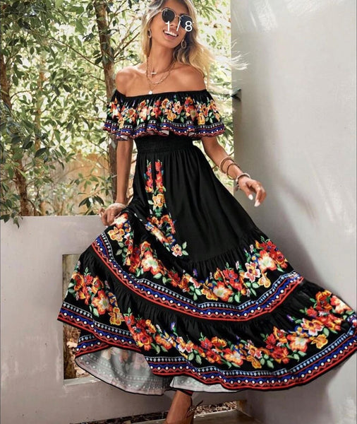 Spring and Summer New One-shoulder Print Long Swing Dress