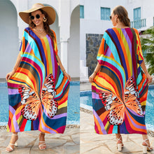 Load image into Gallery viewer, Cotton Colorful Stripe Butterfly Print Beach Coverup Robe Style Holiday Sunscreen Shirt Swimwear Coverup
