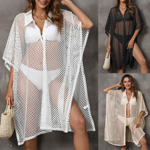 Beach Clothes Holiday Women's Grid Stitching Shirt Collar Irregular Dress