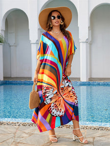 Cotton Colorful Stripe Butterfly Print Beach Coverup Robe Style Holiday Sunscreen Shirt Swimwear Coverup