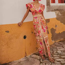 Load image into Gallery viewer, New V-neck Feifei Sleeve Split Dress High Waist Backless Long Dress Celebrity Style
