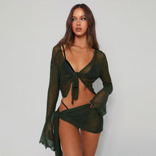 Load image into Gallery viewer, Mesh sheer strappy long-sleeved wrap top casual skirt set
