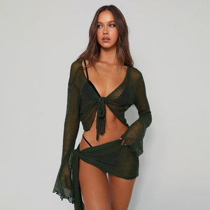 Mesh sheer strappy long-sleeved wrap top casual skirt set