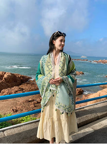 Fresh Green Ethnic Style Silk Scarf Women's Summer Sunscreen Dual-purpose Large Shawl Beach Towel Thin Cotton and Linen Scarf Yarn