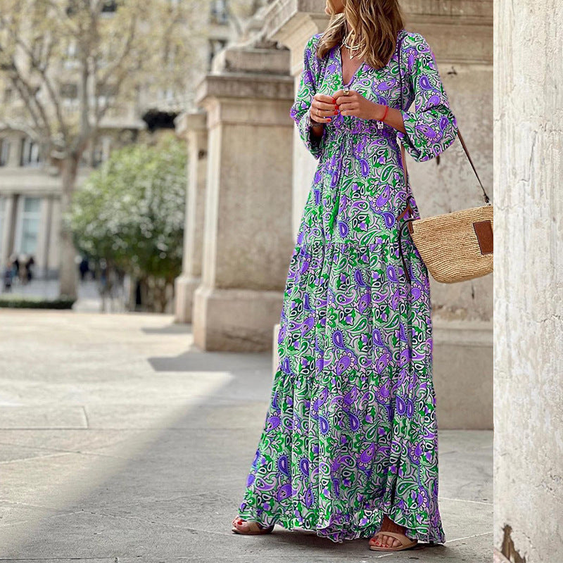 New Temperament V-neck Bohemian Print Swing Dress