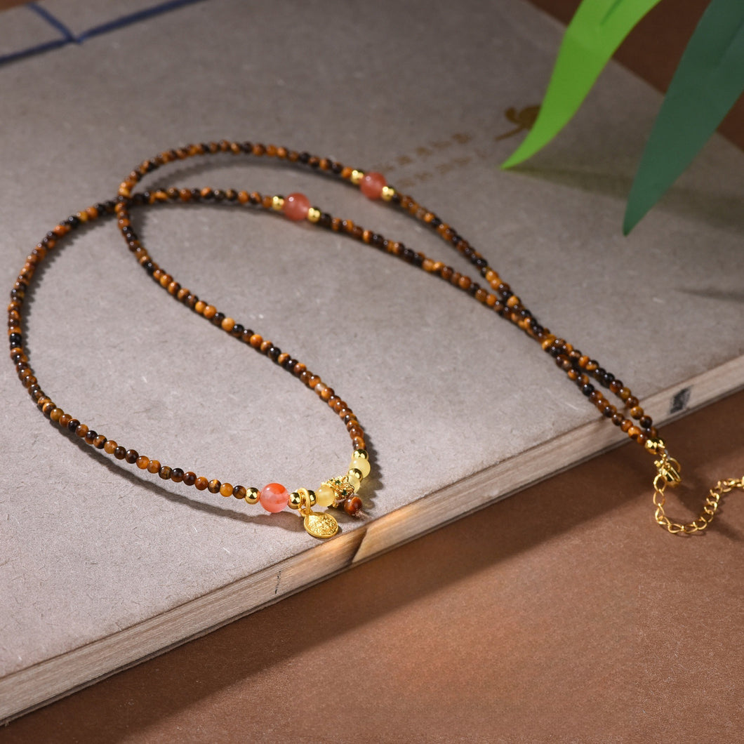 New Tibetan Natural Tiger's Eye Stone Necklace Tibetan Style Zakiram God of Wealth Thangka Pendant Collarbone Chain Simple Light Luxury Decoration