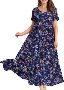 Summer Beach Medium and Long Dress Comfortable Pleated Dress Casual Loose Floral Dress