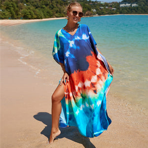 Hot Cotton Watermark Printed Beach Cover Up Robe Style Beach Vacation Sun Protection Bikini Cover Up