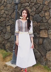 Ethnic Style New Spring and Summer Splicing Patch Cotton Linen Tassel Dress