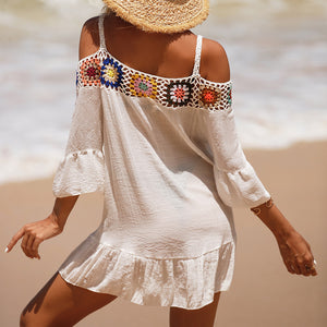 Holiday Suspenders Sun-protective Clothing Crocheted Lace Shoulder Dress Casual Short Solid Color Sunscreen Beach Skirt