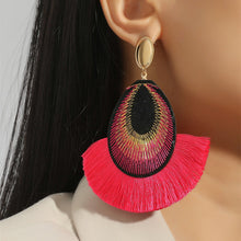 Load image into Gallery viewer, Bohemian peacock feather tassels exaggerated long earrings
