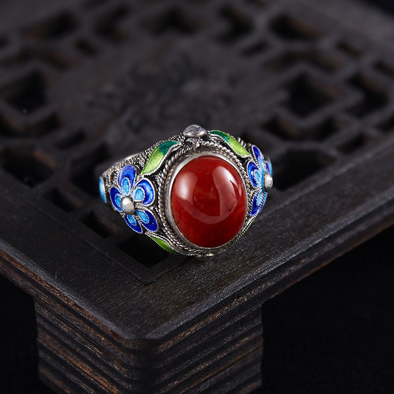 South Red Stone Blue Pattern Ring Lady's Court Vintage Distressed Band Silver Adjustable Open Ring